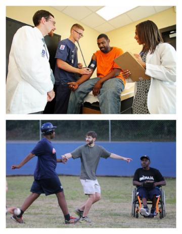 医学院学生在免费诊所做志愿者，参加“巴迪球”."